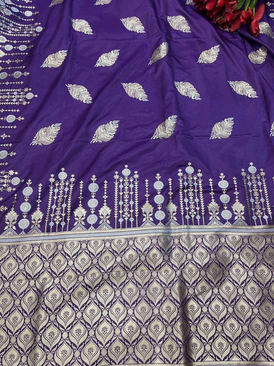 Purple Handloom Banarasi Pure Katan Silk Leaf Design Sona Roopa Saree - Luxurion World