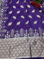 Purple Handloom Banarasi Pure Katan Silk Leaf Design Sona Roopa Saree - Luxurion World