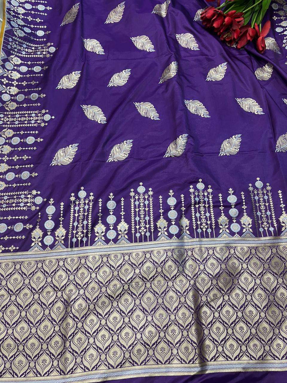 Purple Handloom Banarasi Pure Katan Silk Leaf Design Sona Roopa Saree - Luxurion World