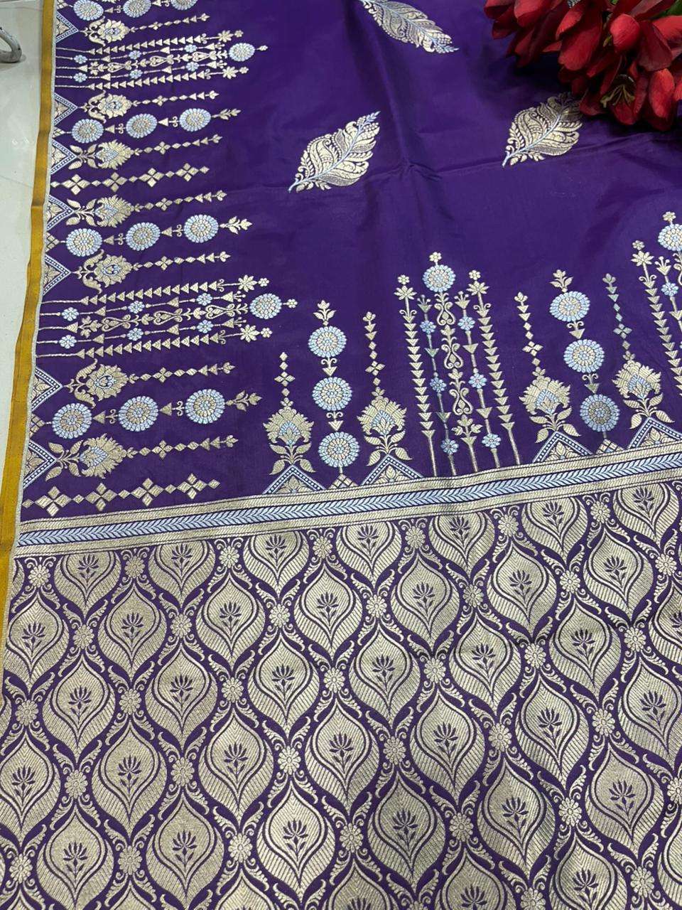 Purple Handloom Banarasi Pure Katan Silk Leaf Design Sona Roopa Saree - Luxurion World