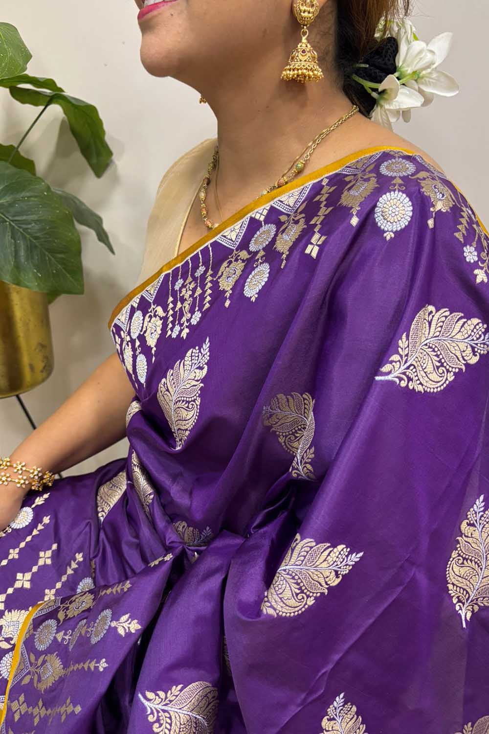 Purple Handloom Banarasi Pure Katan Silk Leaf Design Sona Roopa Saree - Luxurion World