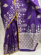 Purple Handloom Banarasi Pure Katan Silk Leaf Design Sona Roopa Saree - Luxurion World