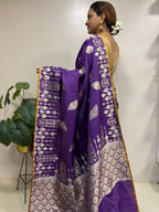 Purple Handloom Banarasi Pure Katan Silk Leaf Design Sona Roopa Saree - Luxurion World