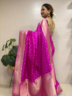Pink Handloom Banarasi Pure Katan Silk Flower Booti Design Saree - Luxurion World