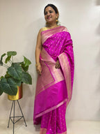 Pink Handloom Banarasi Pure Katan Silk Flower Booti Design Saree - Luxurion World