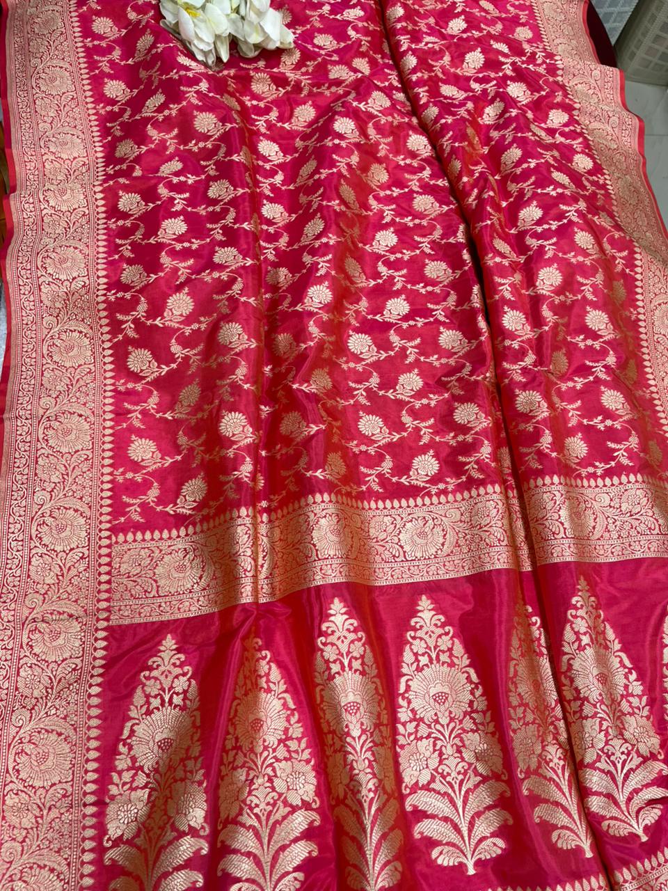 Pink Handloom Banarasi Pure Katan Silk Flower Design Jaal Work Saree