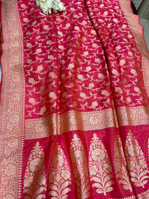 AS1B1SG826082801 Pink Handloom Banarasi Pure Katan Silk Flower Design Jaal Work Saree