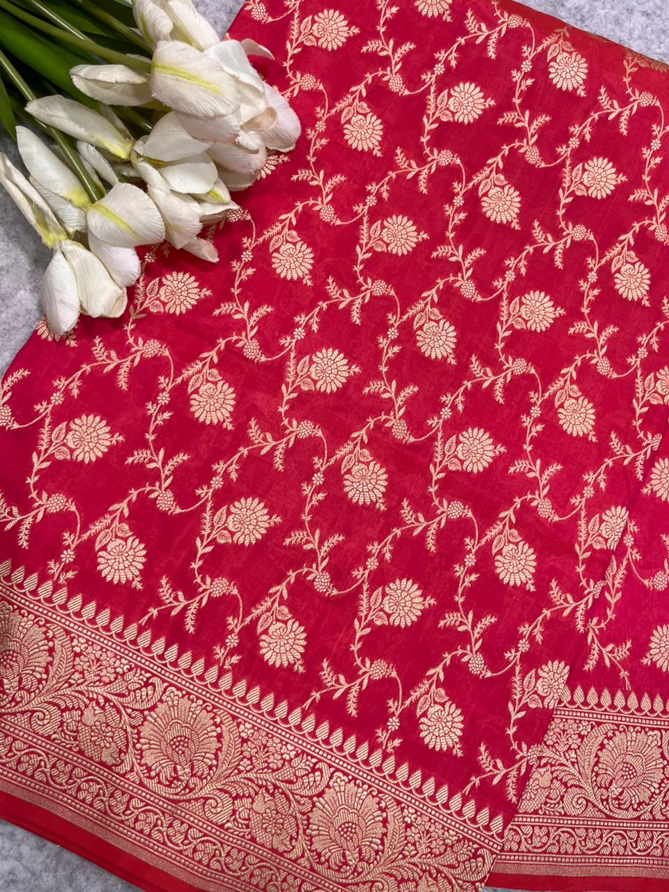 Pink Handloom Banarasi Pure Katan Silk Flower Design Jaal Work Saree