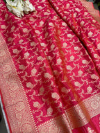 Pink Handloom Banarasi Pure Katan Silk Flower Design Jaal Work Saree