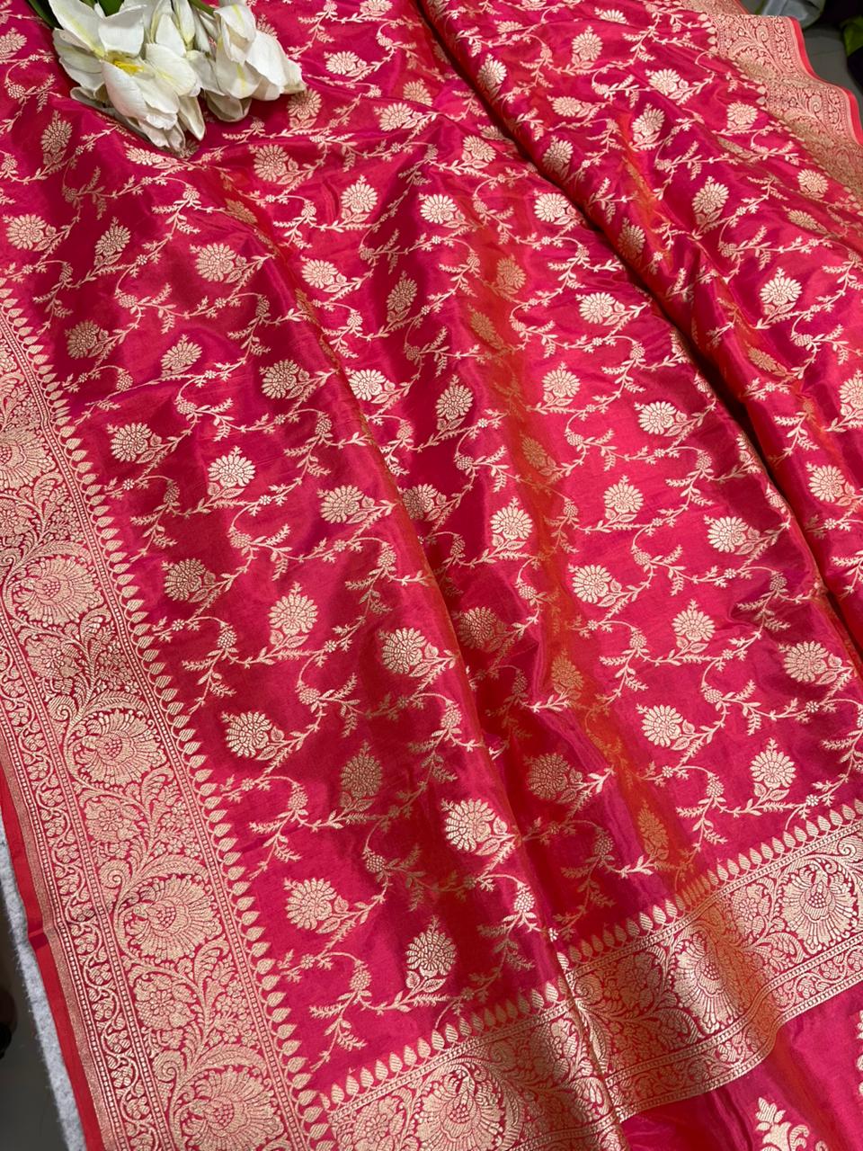 Pink Handloom Banarasi Pure Katan Silk Flower Design Jaal Work Saree