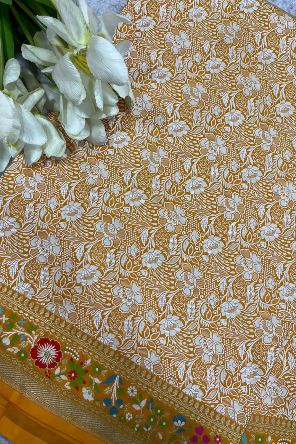 Yellow Banarasi Katan Silk Meenakari Saree Flower Design Festive