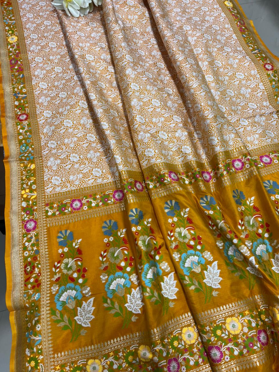 Yellow Banarasi Katan Silk Meenakari Saree Flower Design Festive