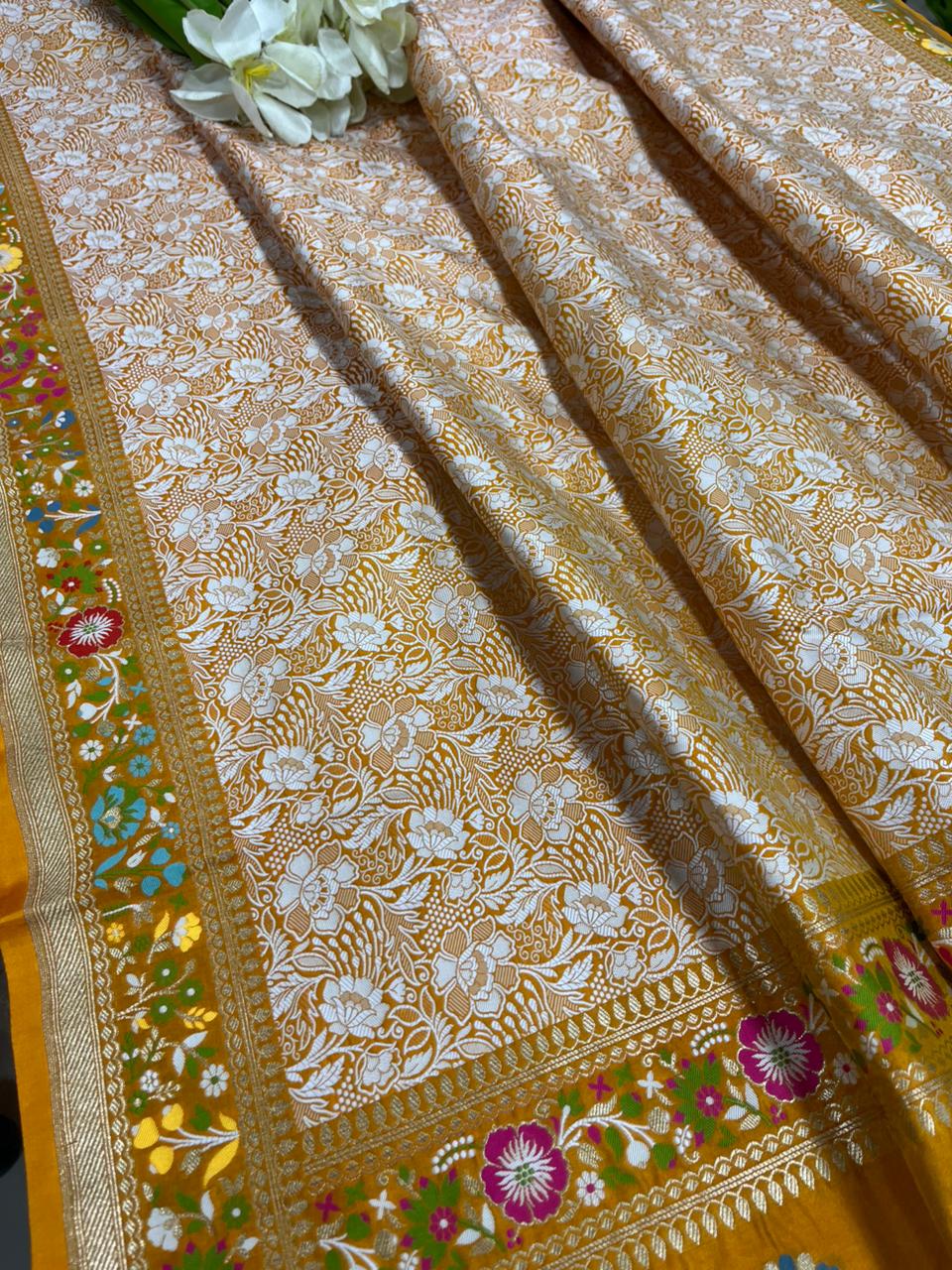 Yellow Banarasi Katan Silk Meenakari Saree Flower Design Festive