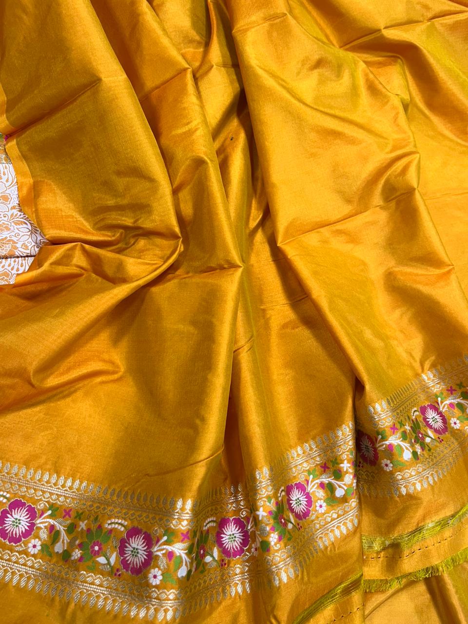 Yellow Banarasi Katan Silk Meenakari Saree Flower Design Festive