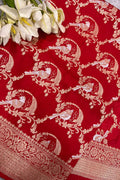 Red Handloom Banarasi Pure Katan Silk Sona Roopa Bird Design Saree