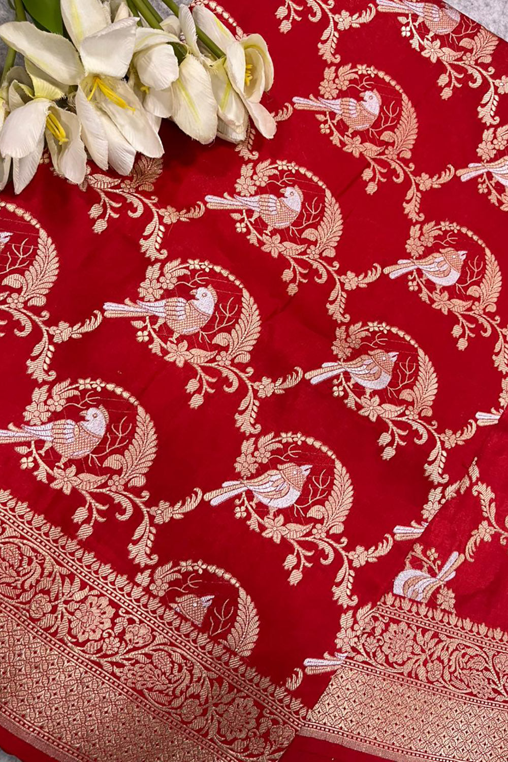 Red Handloom Banarasi Pure Katan Silk Sona Roopa Bird Design Saree