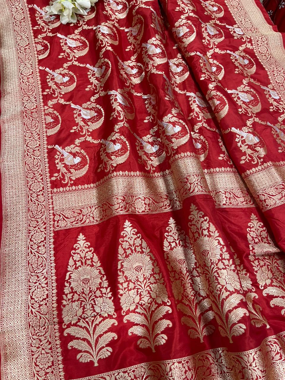 Red Handloom Banarasi Pure Katan Silk Sona Roopa Bird Design Saree