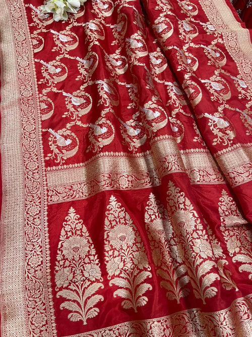 Red Handloom Banarasi Pure Katan Silk Sona Roopa Bird Design Saree