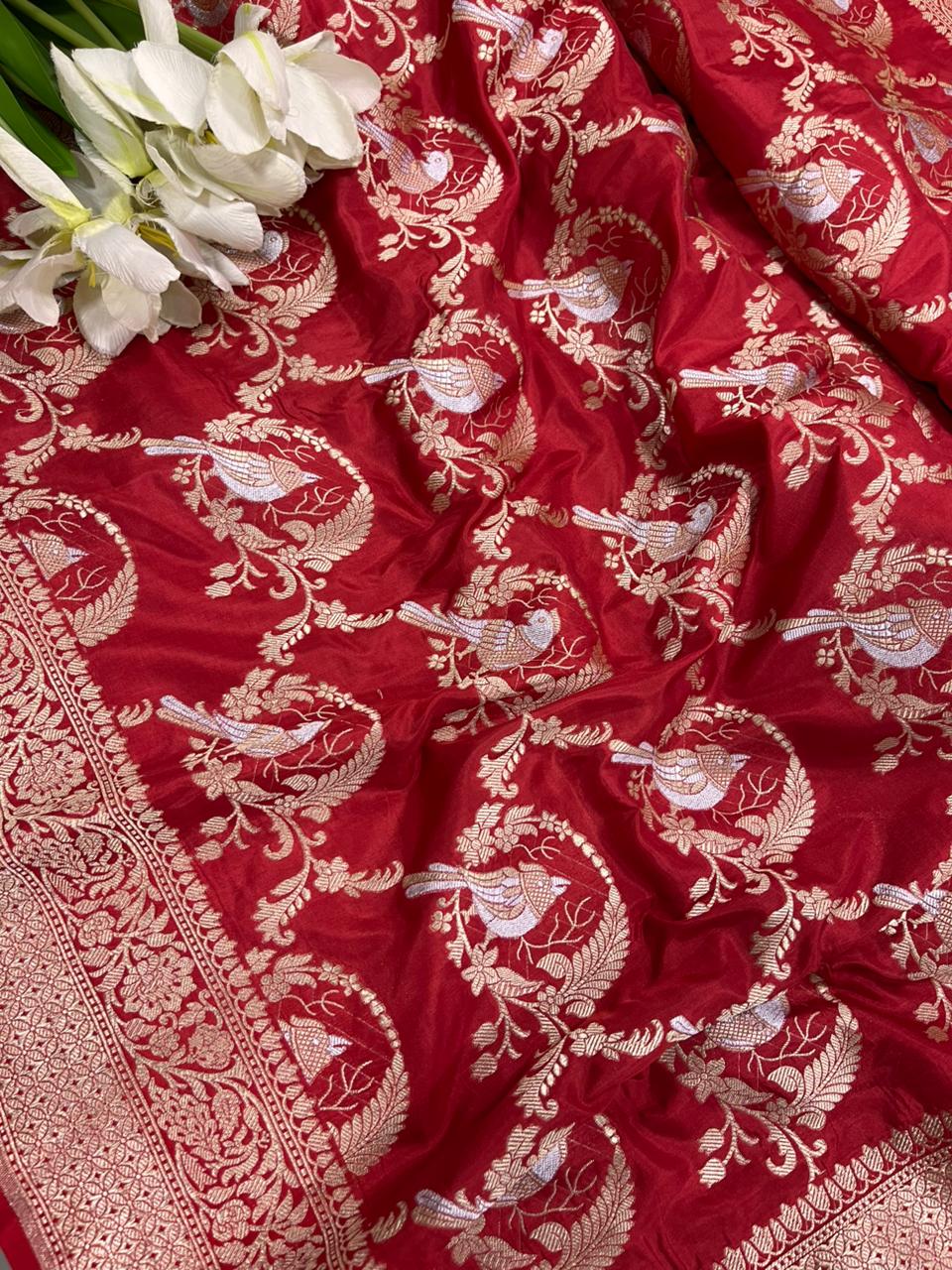 Red Handloom Banarasi Pure Katan Silk Sona Roopa Bird Design Saree