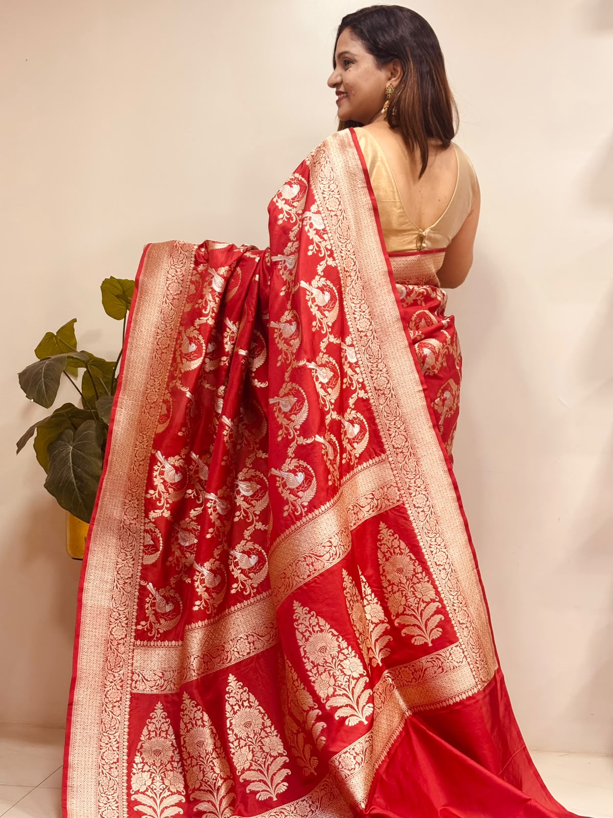 Red Handloom Banarasi Pure Katan Silk Sona Roopa Bird Design Saree