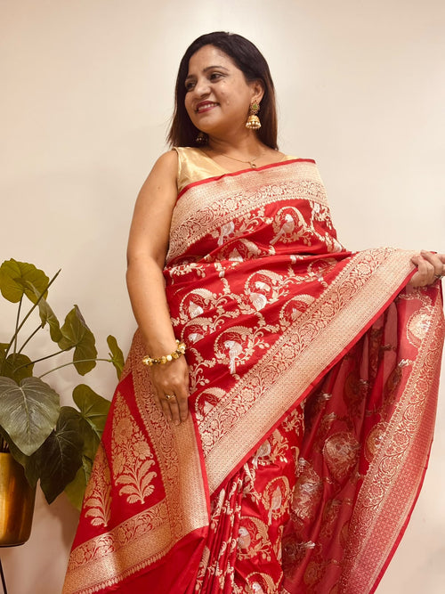 Red Handloom Banarasi Pure Katan Silk Sona Roopa Bird Design Saree