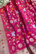 Pink Handloom Banarasi Pure Katan Silk Flower And Animal Design Meenakari Saree