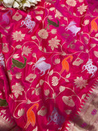 Pink Handloom Banarasi Pure Katan Silk Flower And Animal Design Meenakari Saree