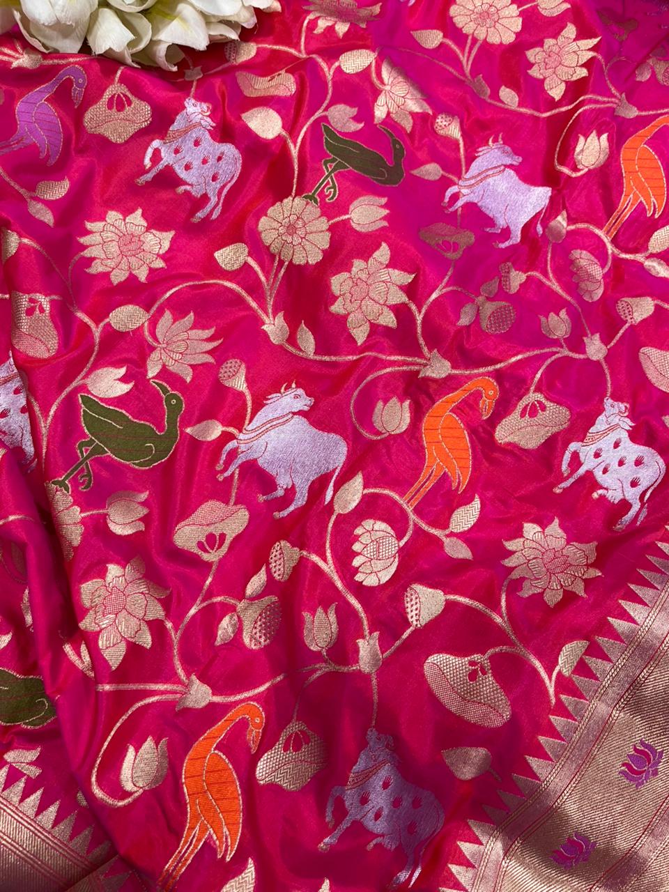 Pink Handloom Banarasi Pure Katan Silk Flower And Animal Design Meenakari Saree