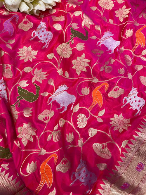 Pink Handloom Banarasi Pure Katan Silk Flower And Animal Design Meenakari Saree