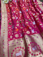 Pink Handloom Banarasi Pure Katan Silk Flower And Animal Design Meenakari Saree