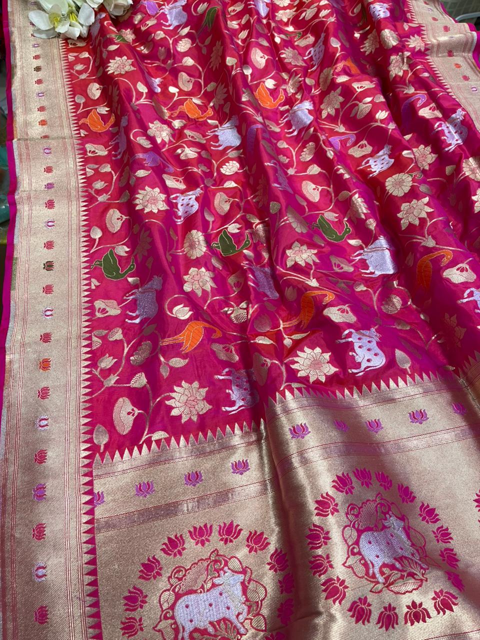 Pink Handloom Banarasi Pure Katan Silk Flower And Animal Design Meenakari Saree