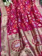 Pink Handloom Banarasi Pure Katan Silk Flower And Animal Design Meenakari Saree