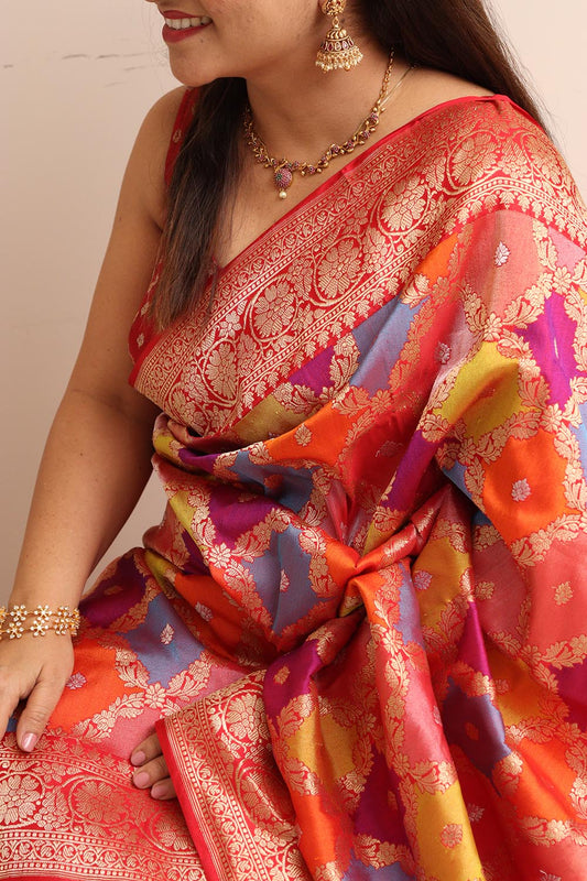 Exquisite Multicolor Banarasi Handloom Pure Katan Silk Rangkat Saree - Luxurion World
