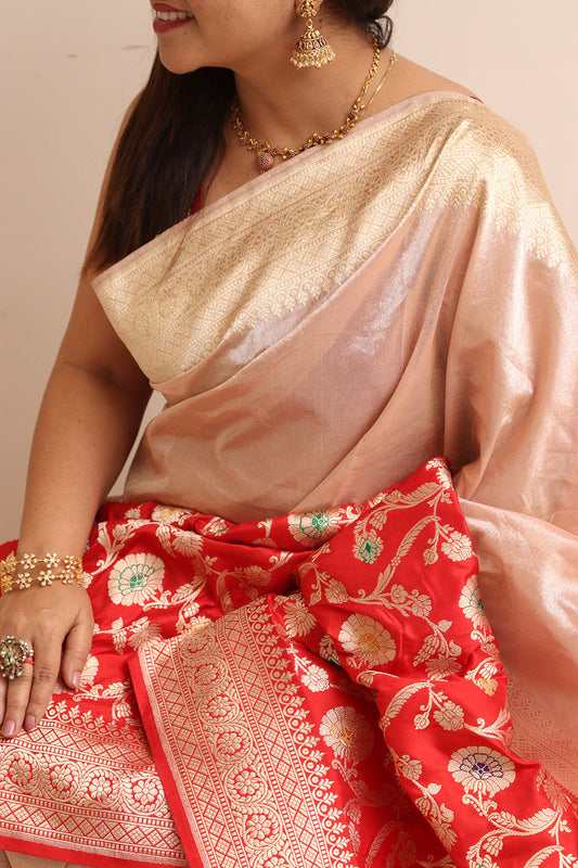Exquisite Red Banarasi Handloom Pure Katan Silk Meenakari Jaal Design Saree - Luxurion World