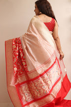Exquisite Red Banarasi Handloom Pure Katan Silk Meenakari Jaal Design Saree - Luxurion World