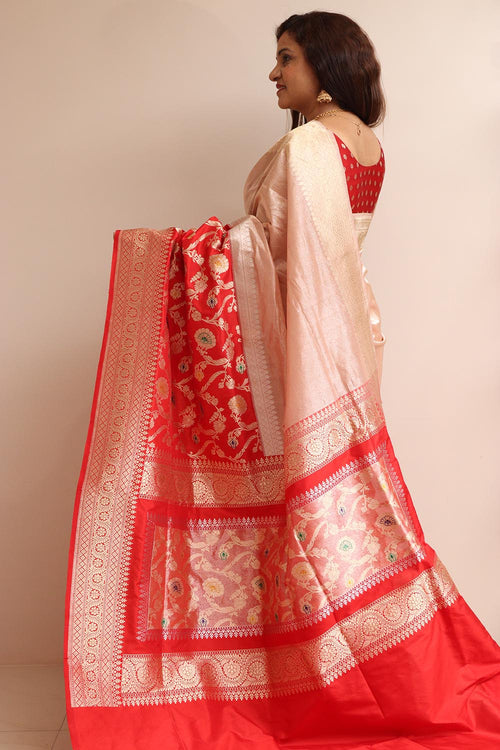 Exquisite Red Banarasi Handloom Pure Katan Silk Meenakari Jaal Design Saree - Luxurion World