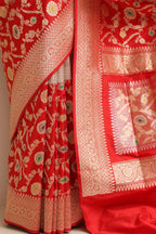 Exquisite Red Banarasi Handloom Pure Katan Silk Meenakari Jaal Design Saree - Luxurion World