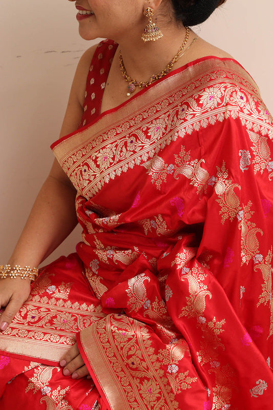 Red Banarasi Handloom Pure Katan Silk Sona Roopa Paisley Design Saree - Luxurion World