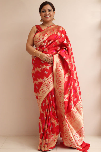 Red Banarasi Handloom Pure Katan Silk Sona Roopa Paisley Design Saree - Luxurion World