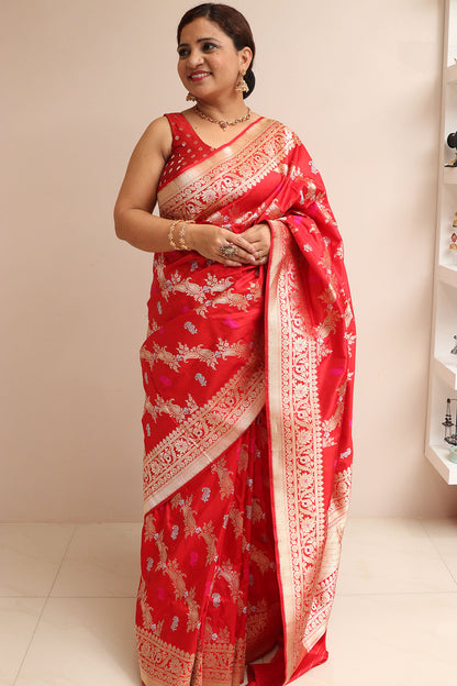 Red Banarasi Handloom Pure Katan Silk Sona Roopa Paisley Design Saree - Luxurion World