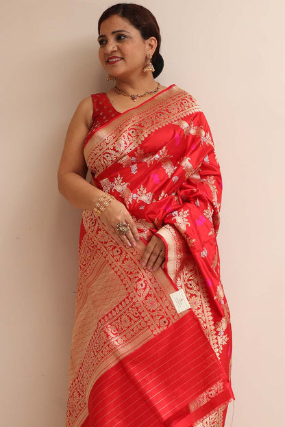 Red Banarasi Handloom Pure Katan Silk Sona Roopa Paisley Design Saree - Luxurion World