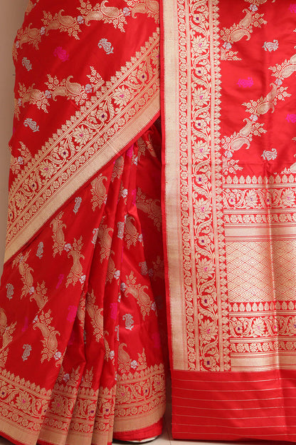 Red Banarasi Handloom Pure Katan Silk Sona Roopa Paisley Design Saree - Luxurion World