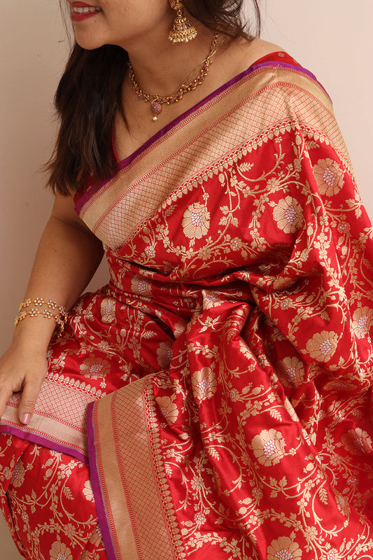 Elegant Red Banarasi Handloom Pure Katan Silk Sona Roopa Jaal Design Saree - Luxurion World