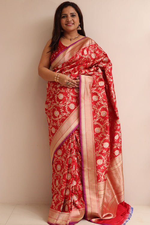 Elegant Red Banarasi Handloom Pure Katan Silk Sona Roopa Jaal Design Saree - Luxurion World