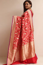 Elegant Red Banarasi Handloom Pure Katan Silk Sona Roopa Jaal Design Saree - Luxurion World