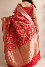Elegant Red Banarasi Handloom Pure Katan Silk Sona Roopa Jaal Design Saree - Luxurion World