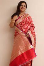 Elegant Red Banarasi Handloom Pure Katan Silk Sona Roopa Jaal Design Saree - Luxurion World