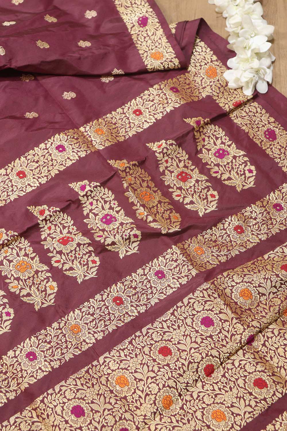 Exquisite Maroon Handloom Banarasi Pure Katan Silk Kadwa Meenakari Saree - Luxurion World