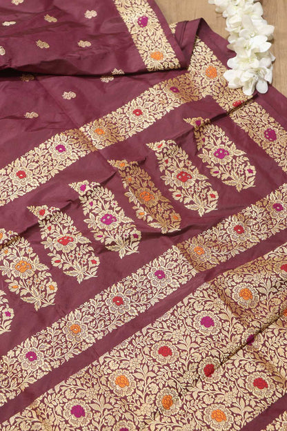 Exquisite Maroon Handloom Banarasi Pure Katan Silk Kadwa Meenakari Saree - Luxurion World