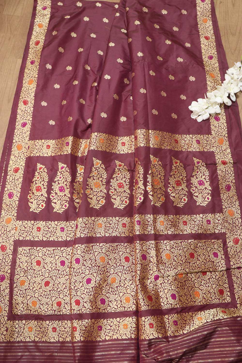 Exquisite Maroon Handloom Banarasi Pure Katan Silk Kadwa Meenakari Saree - Luxurion World